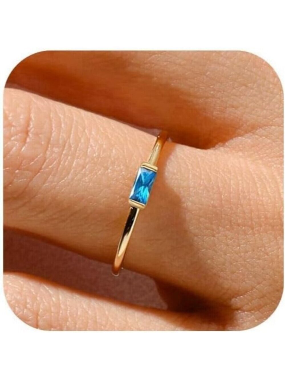Women Blue/gold Non Tarnish Dainty 14k Gold Plated Baguette Emerald Stone Ring